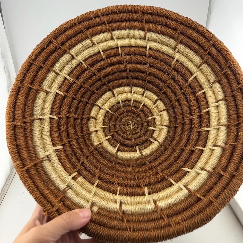 Handwoven Coiled Basket Bowl Brown Cream Boho Wall Decor Excellent